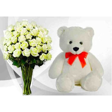 20 White Roses With a White Teddy Bear